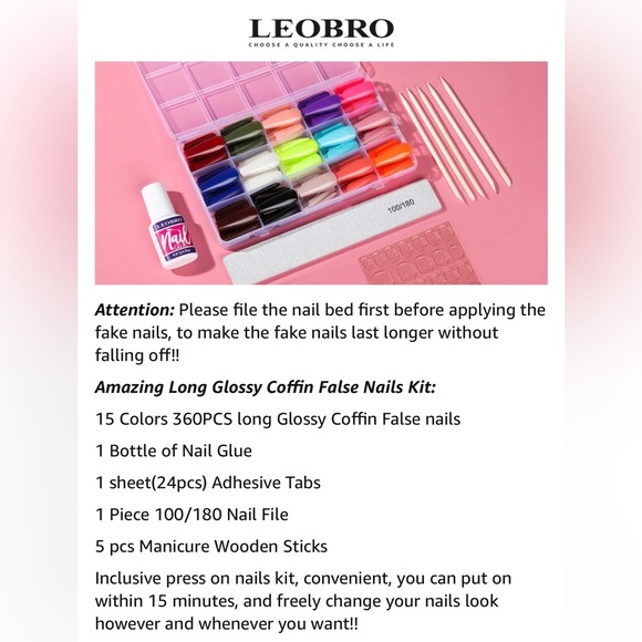 Press on Nails Long Coffin, 360PCS Fit Nicely & Natural Glossy, Complete Kit - Picture 2 of 13